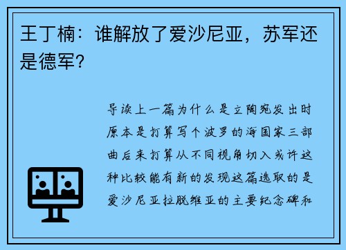王丁楠：谁解放了爱沙尼亚，苏军还是德军？